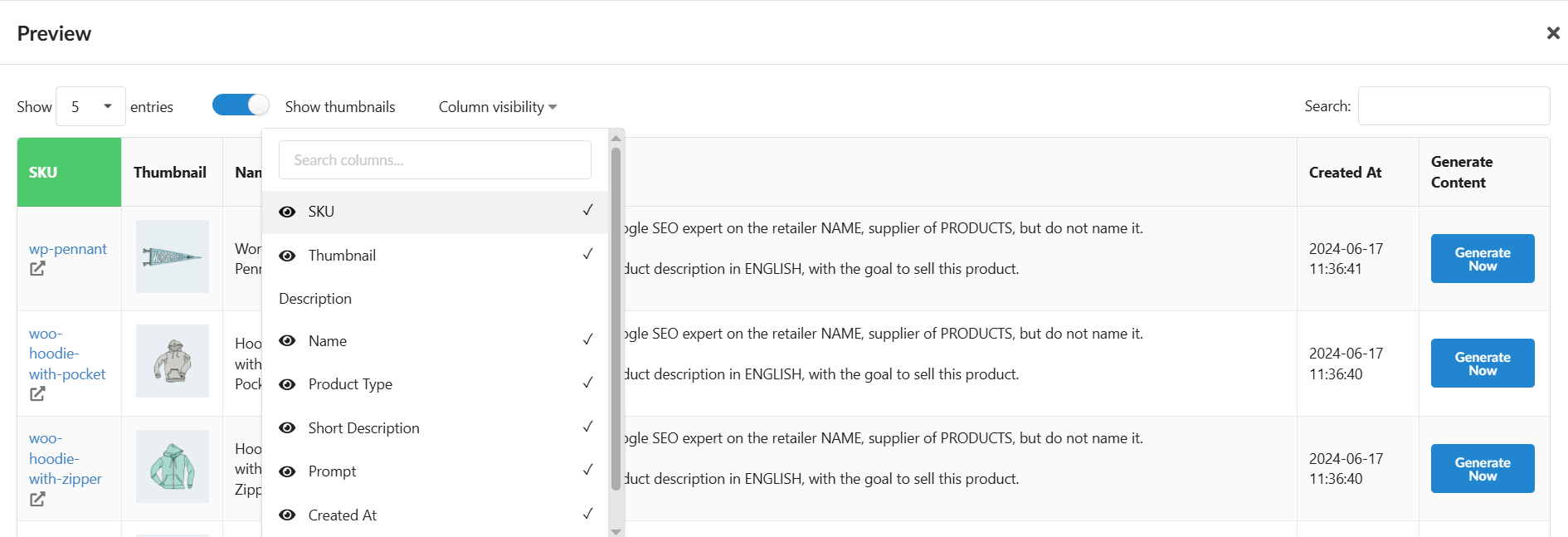 Column visibility controls in the Fozzels Save and Preview step