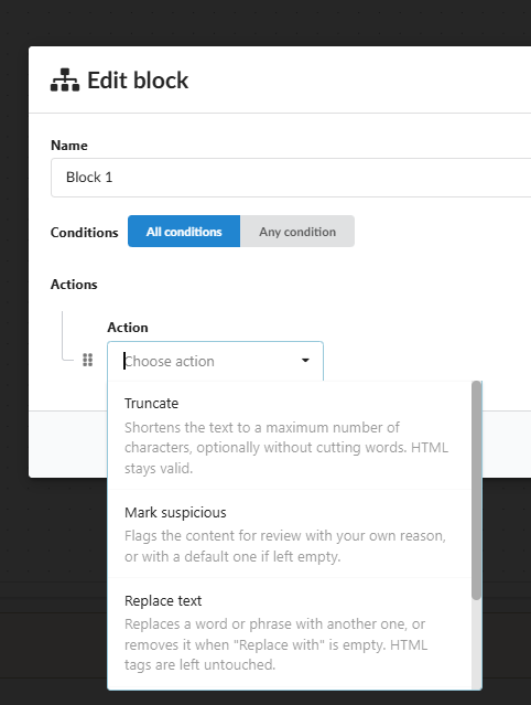 Scelta di un'azione per un blocco workflow: Truncate, Mark suspicious o Replace text
