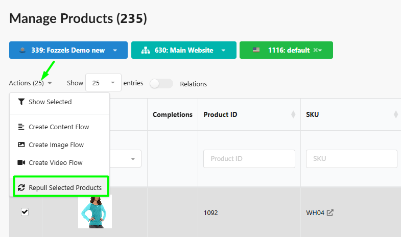 Menu Actions: Repull Selected Products in Manage Products