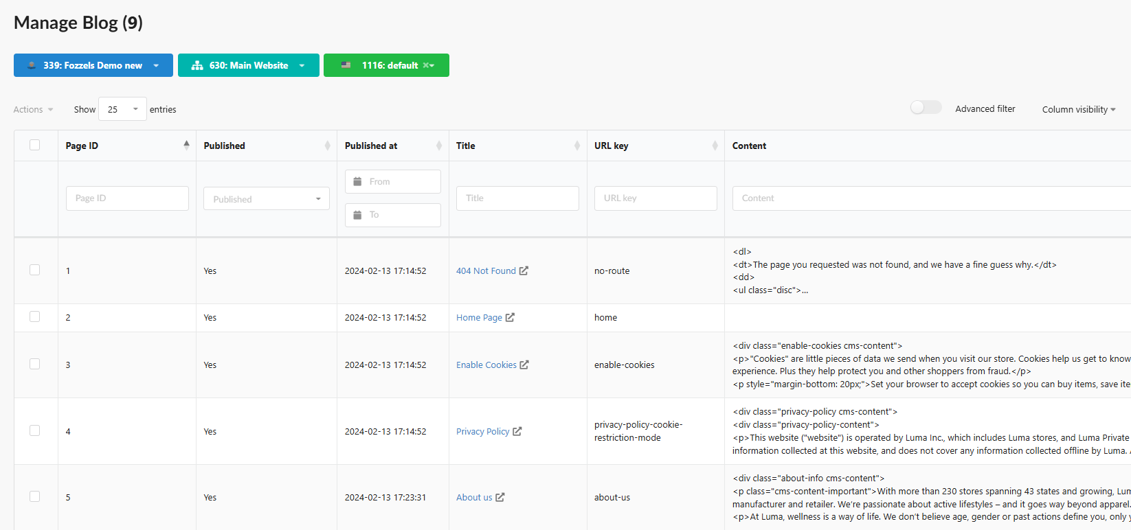 Manage Blog: pagine CMS Magento 2 importate