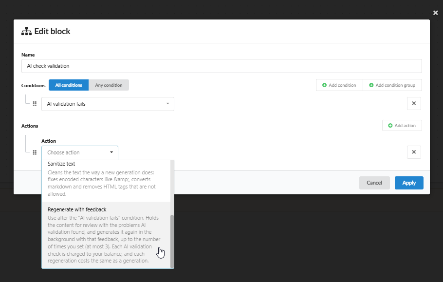 Workflow-blok met de conditie AI validation fails en de actie Regenerate with feedback