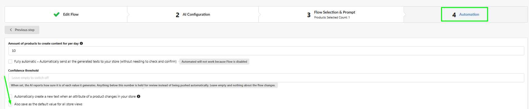 De optie Also save as the default value for all store views in de stap Automation