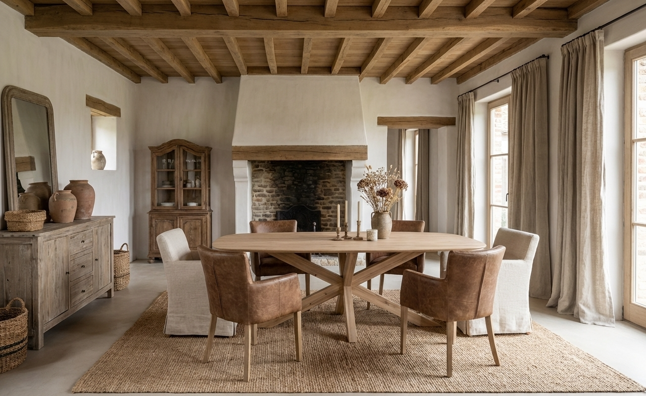 Oval oak dining table in classic rustic interior with stone fireplace