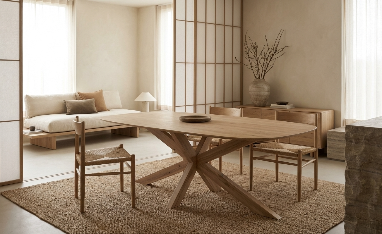 Oval oak dining table in minimalist Japandi interior with woven chairs