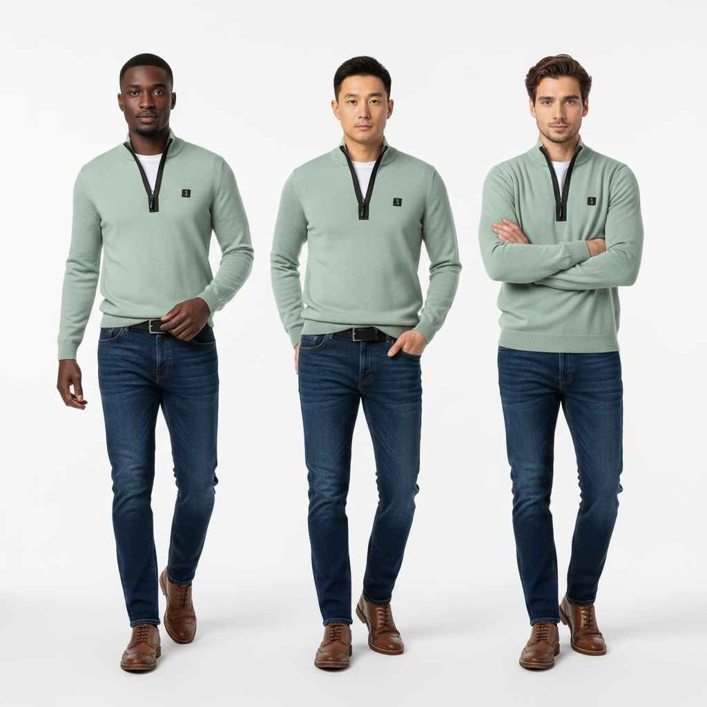 AI-generated model photos of three men wearing a green sweater