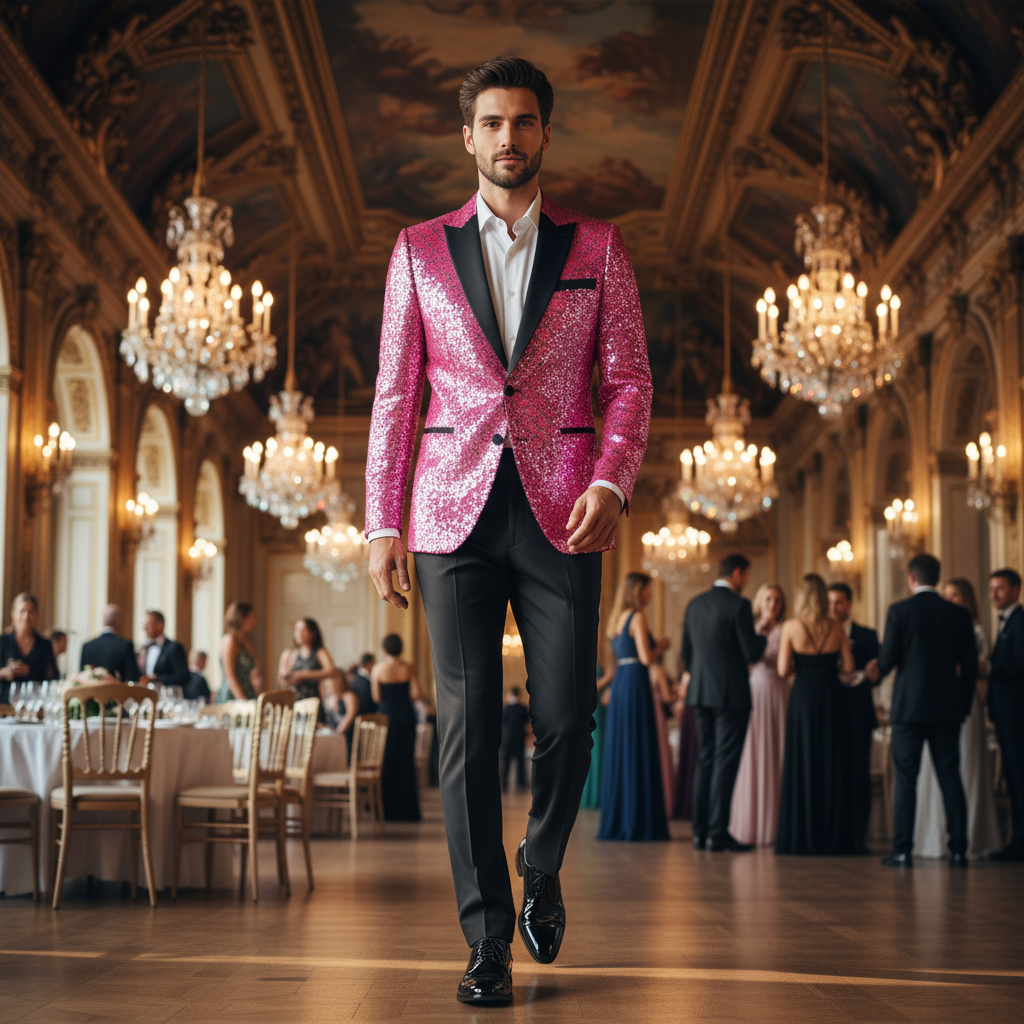 Lifestyle photo of a man in a pink sequin jacket in an elegant ballroom setting